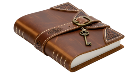 Ornate brown leather bound journal secured with a strap and antique key closure