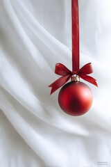 Elegant red Christmas bauble with satin ribbon bow hanging on white silk fabric background, minimal festive holiday decoration