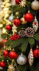 Close up of a christmas tree adorned with red silver and gold ornaments and pine cones and lights