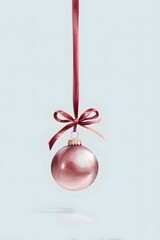 Minimalist Christmas illustration of red glass ornament ball with satin ribbon bow, elegant holiday decor on light background