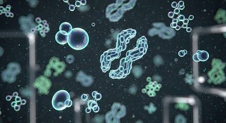 Dynamic microscopic view of glowing cellular structures and complex molecules interconnected by subtle lines, illustrating biological processes and scientific discovery