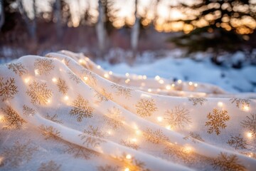 Winter Snowy Landscape With Golden Lights On Fabric