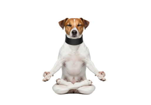 Adorable Jack Russell Terrier dog with brown and white fur, eyes closed in a calm meditation pose wearing a black collar, conveying peace and mindfulness, isolated on transparent background.