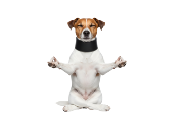 Adorable Jack Russell Terrier dog with brown and white fur, eyes closed in a calm meditation pose wearing a black collar, conveying peace and mindfulness, isolated on transparent background.