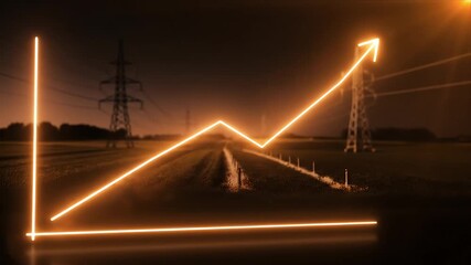 Glowing orange line graph visualizing upward trend and economic growth amidst power lines symbolizing increasing energy demand financial progress and future - Powered by Adobe