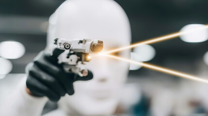Robot hand holding futuristic device emitting orange laser rays, symbolizing advanced AI scanning technology