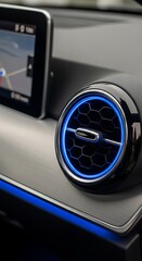 Close up of a car dashboard with a blue lit air vent and a navigation screen visible on the left