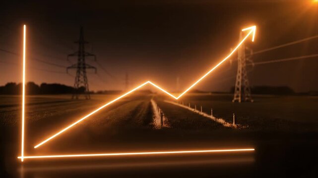 Glowing orange line graph visualizing upward trend and economic growth amidst power lines symbolizing increasing energy demand financial progress and future