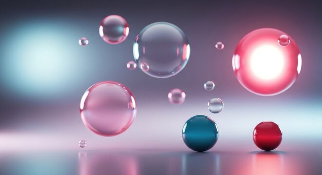 Abstract, floating, glossy colored spheres on a shiny, reflective surface
