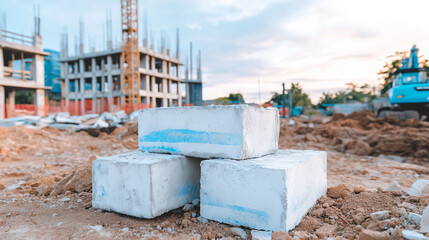 Concrete blocks stacking on construction site with new buildings under construction and heavy equipment working