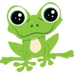 Cute cartoon green frog with big eyes and a smiling face sitting with its legs spread on a transparent background in a simple flat design style