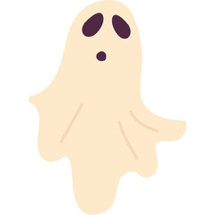 Cute cartoon ghost with surprised expression wearing a light beige sheet floating eerily on a transparent background with dark purple eyes and a small black 
