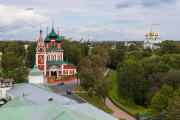 Yaroslavl, Yaroslavl Oblast, Russia. Beautiful summer cityscape with Orthodox churches in the historic center of Yaroslavl. View of the Church of the Archangel Michael and the Assumption Cathedral.