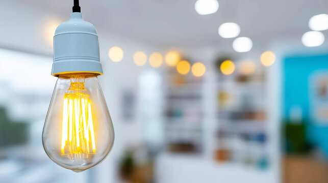 LED filament light bulb illuminating a modern office or cafe interior, creating a warm, inviting atmosphere