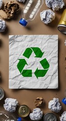 Overhead shot of recycle symbol on paper surrounded by crumpled paper cans and plastic bottles on brown surface