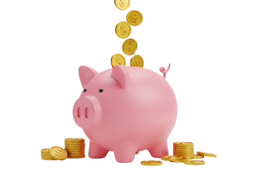 Financial success concept with adorable 3D pink piggy bank accumulating falling golden dollar coins, surrounded by wealth stacks, isolated on transparent background.