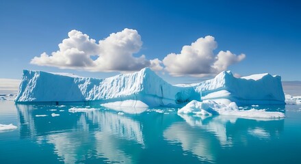 A large iceberg floating in the water with clouds in the sky on a bright sunny day in antarctica