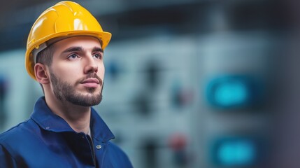 A male electrician in professional work attire with a focused expression, using directional lighting to emphasize precision, skill, and modern industry.