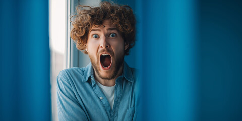 Frightened man with curly hair looking out a window, screaming in shock and panic, symbolizing unexpected bad news or a stressful event