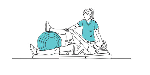 Minimal one-line art illustration showing physiotherapy treatment — spine and back rehabilitation concept. Perfect for medical care visuals, physical therapy posters, wellness centers