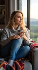 Woman with blonde hair holding a mug sitting on a couch near a window looking outside thoughtfully