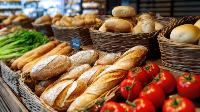 Freshly baked bread and vegetables displayed in a local market during the morning hours