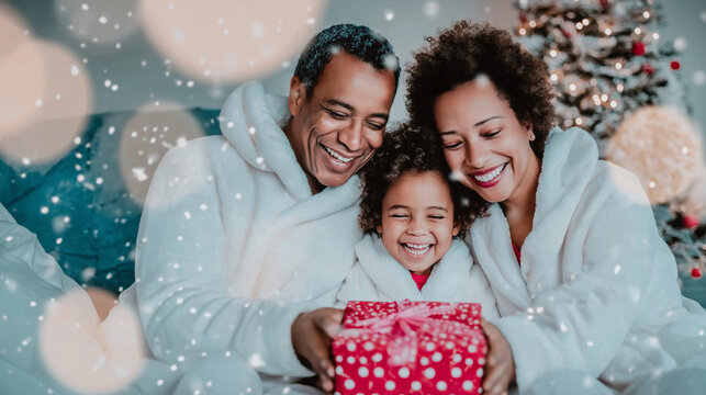 Multi ethnic family wearing bathrobes, smiling and sharing a red polka dot gift box during falling snow in a cozy holiday atmosphere - Powered by Adobe
