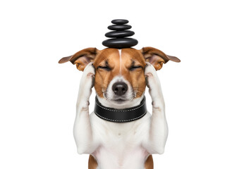 Mindful Jack Russell Terrier dog meditating with a stack of black zen stones on its head, paws touching temples, eyes closed, symbolizing balance, focus, and relaxation, isolated on transparent backgr
