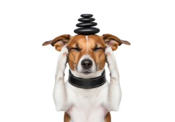 Mindful Jack Russell Terrier dog meditating with a stack of black zen stones on its head, paws touching temples, eyes closed, symbolizing balance, focus, and relaxation, isolated on transparent backgr