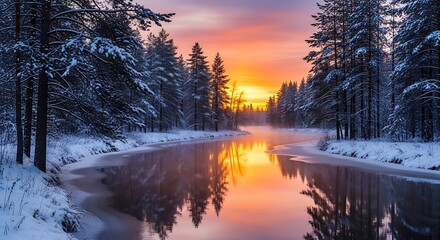 A winter river reflecting the orange and pink sky with snow covered trees on either side of the river