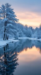 Snow covered trees reflected in calm river at sunset in winter landscape scenery and beautiful sky