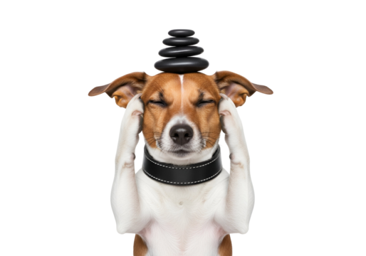 Mindful Jack Russell Terrier dog meditating with a stack of black zen stones on its head, paws touching temples, eyes closed, symbolizing balance, focus, and relaxation, isolated on transparent backgr