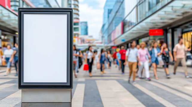 Blank digital signage screen in commercial street, people walking in busy shopping district, urban advertising mockup