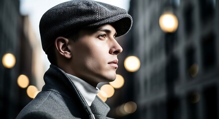 Portrait of a man in a newsboy cap and turtleneck looking off into the distance in an urban setting