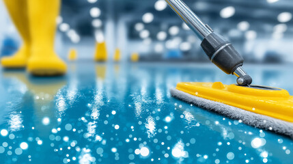 Cleaning staff member using a flat mop on a wet, glossy blue floor in an industrial or commercial setting, highlighting cleanliness and safety