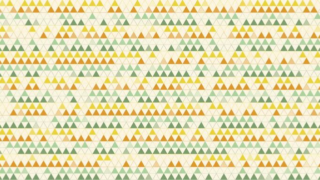 Equilateral triangles in yellow, orange, green, and white arranged in symmetrical grid. Mosaic retro style pattern. Loop animation.