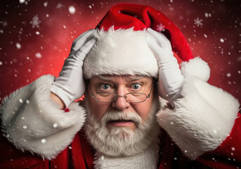 Closeup of a stressed santa claus with his hands on his hat, looking surprised