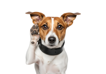 Adorable Jack Russell Terrier dog raising a paw in a friendly greeting, looking attentively at the camera with a cute expression, perfect for pet-themed designs, isolated on transparent background.