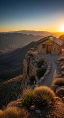 Stone house on a cliff edge overlooking mountain range at sunset with clear sky and winding path