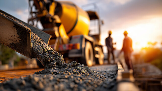 Cement mixer truck pouring concrete at construction site faceless machinery and workers defocused background highlighting machinery and teamwork in action industrial