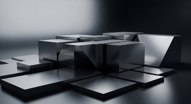 Abstract silver geometric cubes layered in a random, modern composition