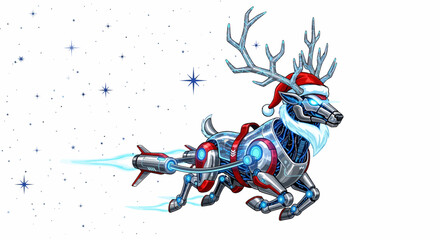 Futuristic Christmas Cheer featuring a Robotic Reindeer with a Santa Hat Pulling a Rocket Sleigh through a Starry Sky for Holiday Greetings