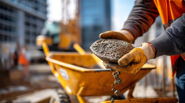 Close up of faceless construction worker's hands pouring concrete from wheelbarrow defocused construction site background manual concrete delivery construction labor detail ind