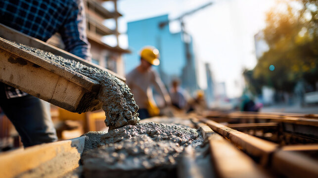 Construction site with faceless workers pouring fresh concrete into wooden molds defocused structures in progress background wet cement filling forms building construction phase