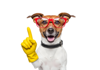 Happy Jack Russell Terrier dog in red glasses and a yellow rubber glove, cheerfully pointing up, symbolizing a bright idea or warning, isolated on transparent background.