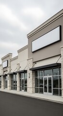 Row of commercial buildings with awnings and blank signs on a cloudy overcast day outside view
