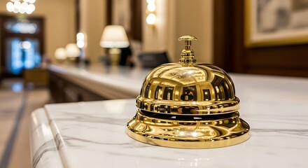 A shiny golden reception bell sitting on a marble counter in a hotel lobby area with soft lighting
