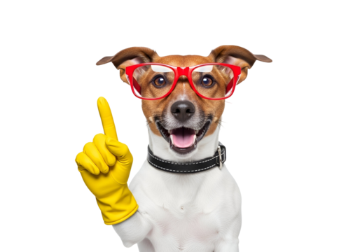 Happy Jack Russell Terrier dog in red glasses and a yellow rubber glove, cheerfully pointing up, symbolizing a bright idea or warning, isolated on transparent background. - Powered by Adobe