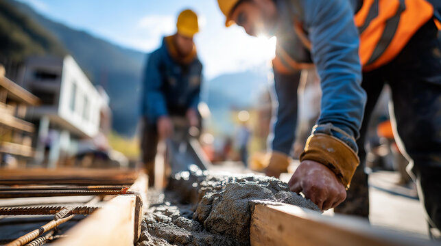 Concrete being poured into foundation formwork for new house faceless workers guiding flow defocused residential construction background wet cement filling mold home foundation