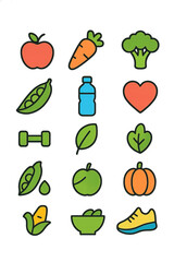 Healthy lifestyle icons with fruits, vegetables, and fitness symbols